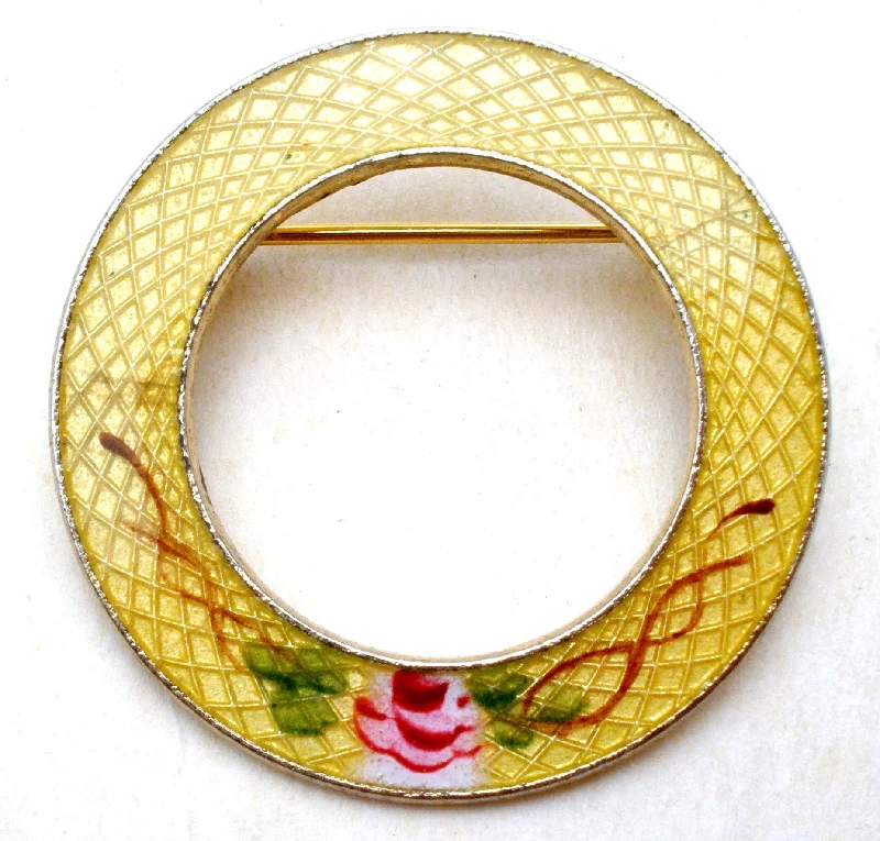 Ladies sunbeam shine brooches -Yellow Guilloche Enamel Round Pin Brooch Vintage