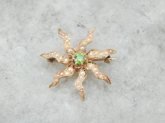 Ladies golden yellow brooches -Victorian Demantoid Garnet Seed Pearl Brooch