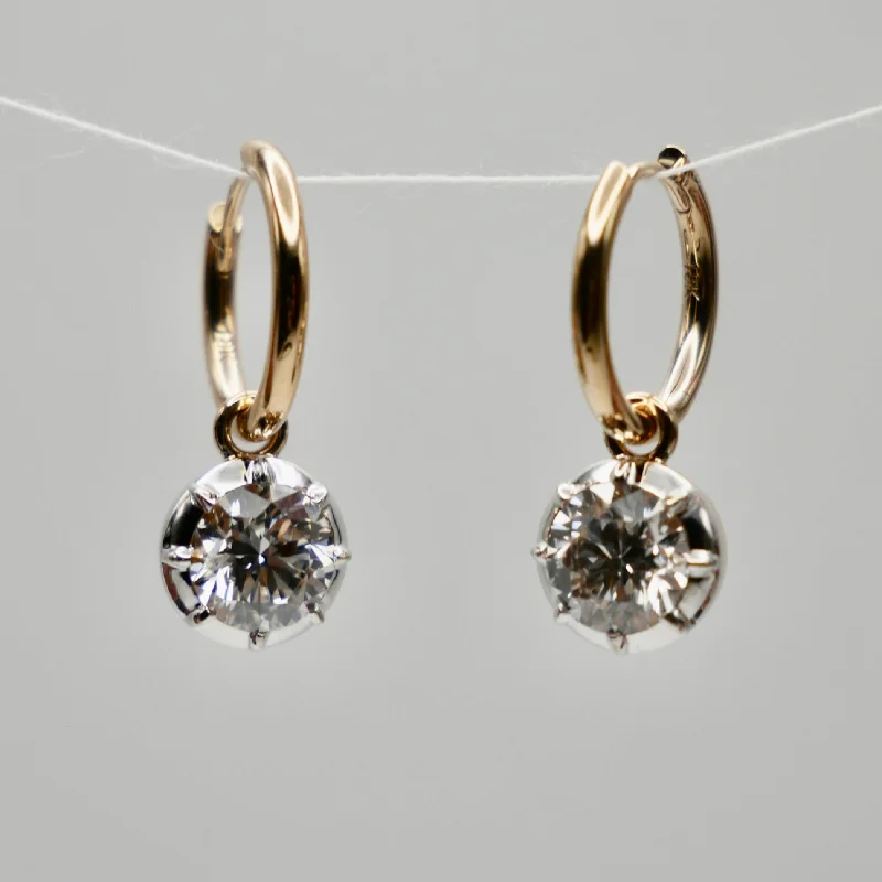 Ladies Earrings with Lock Shine-Custom Round Georgian Victorian Diamond White and Yellow 14K or 18K Gold Earrings