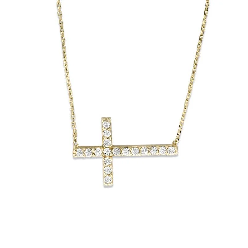 Ladies warm topaz necklaces -14KT Yellow Gold Round Diamond Sideways Cross Necklace