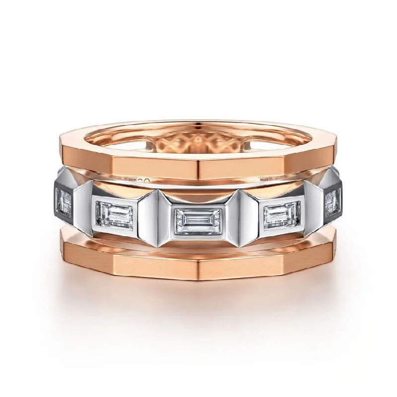 Ladies Rings with Compass Glow-Gabriel & Co. - MR15494T43JJ - 14K White and Rose Gold Faceted Ring with Diamond Baguettes