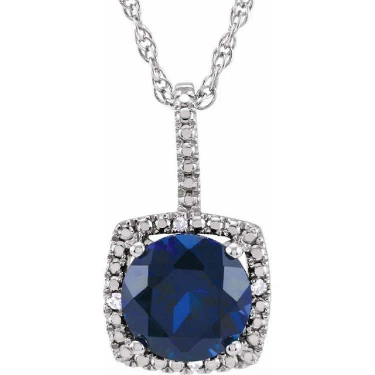 Ladies slim sparkle necklaces -Sterling Silver 7 mm Lab-Grown Sapphire & .015 CTW Natural Diamond 18" Necklace