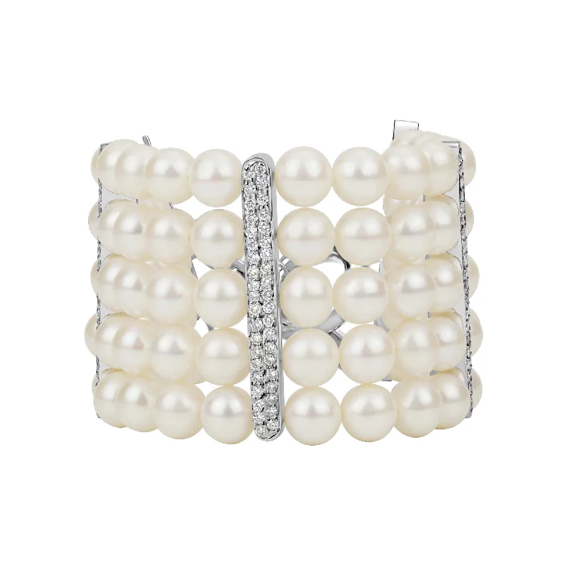 Ladies textured leather bracelets -Toggle Bracelet - Fresh Water Pearl And Diamond (301CS)