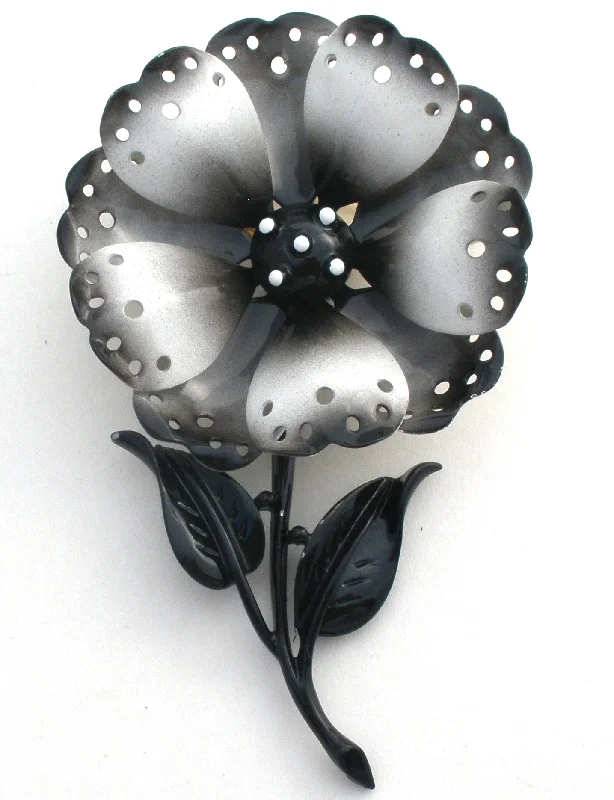 Ladies fine accent brooches -Black White Enamel Flower Brooch Pin Hedy