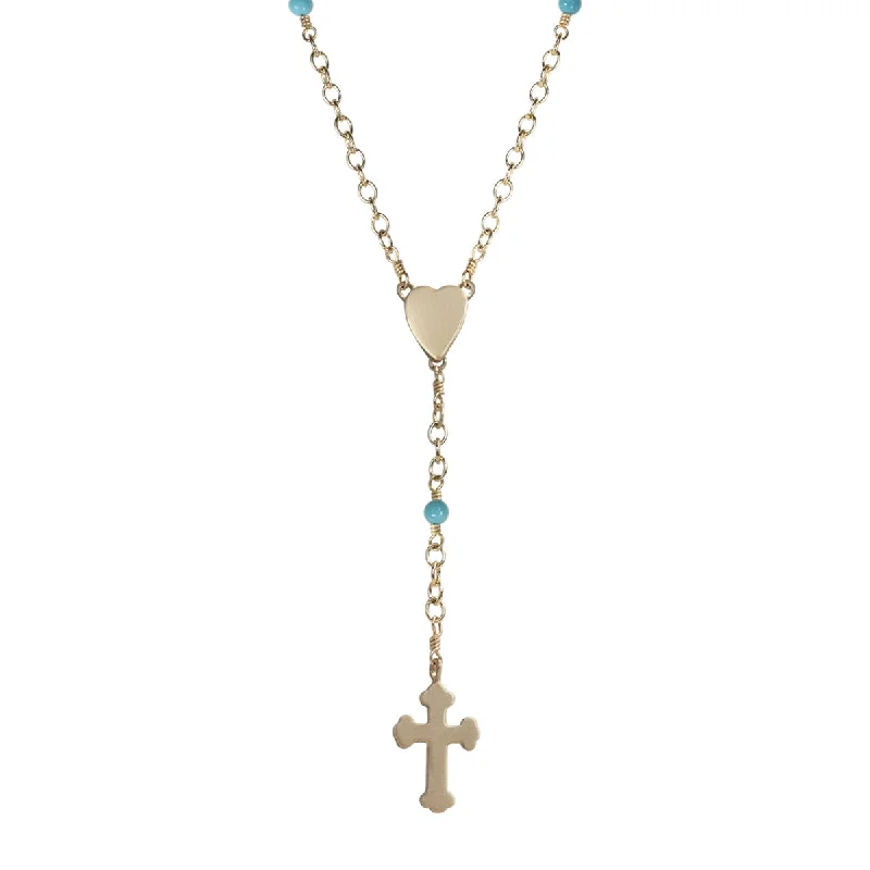 Ladies mystic charm necklaces -10K Gold Heart and Cross Rosary Necklace on Turquoise Chain