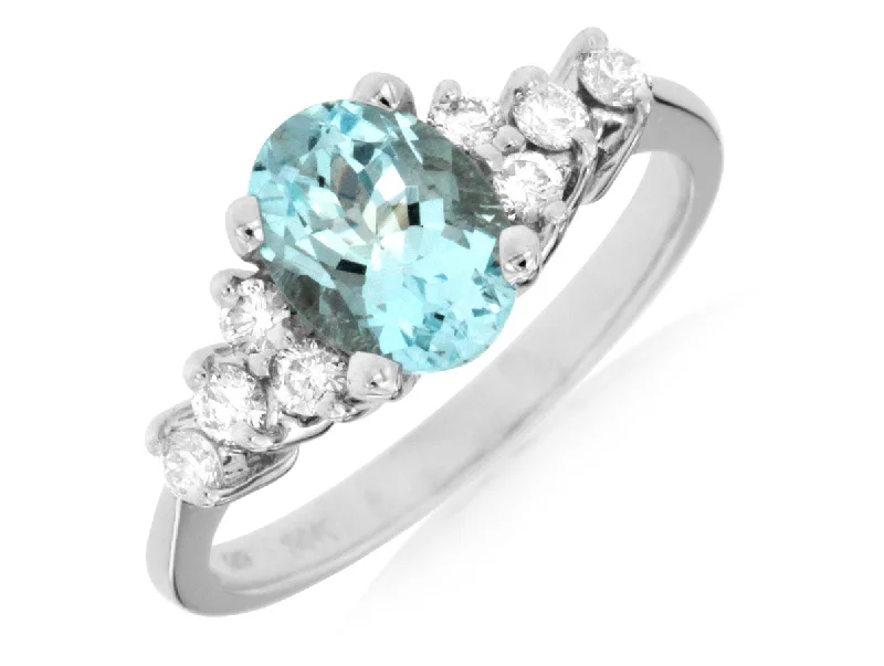 Ladies Rings for Dance Shine-14K White Gold Oval Aquamarine Diamond Ring