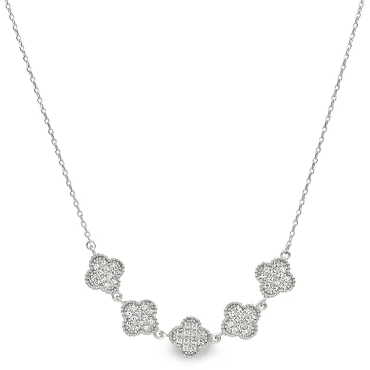 Ladies custom etched necklaces -Platinum Finish Sterling Silver Micropave Five Clover Necklace with Simulated Diamonds on 16"-18" Adjustable Chain