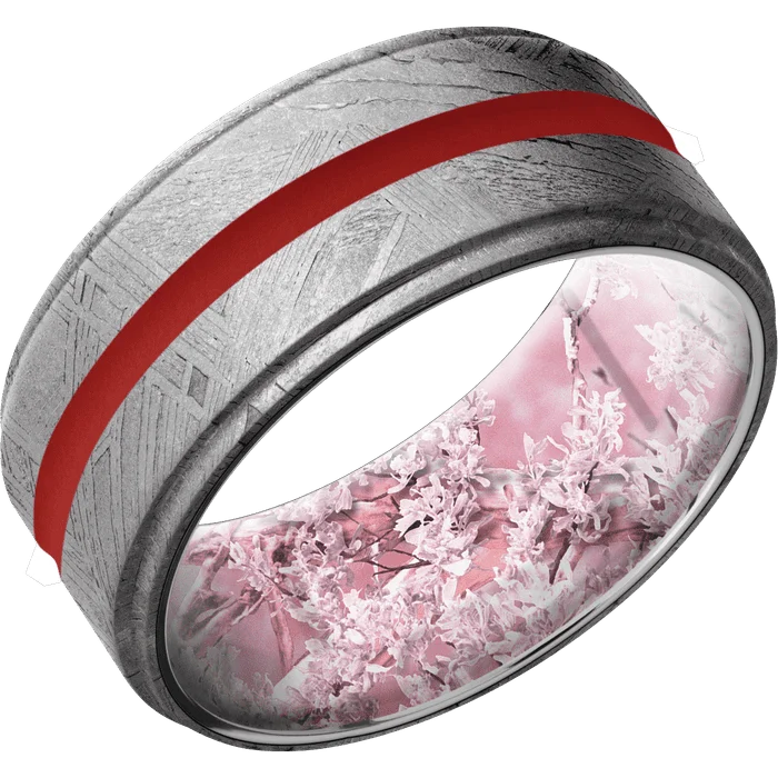 Ladies Rings with Jade Spark-10mm wide Flat Grooved Edges Meteorite Ring / One 2mm Centered USMC Red Cerakote Inlay / Kings Pink Camo Sleeve