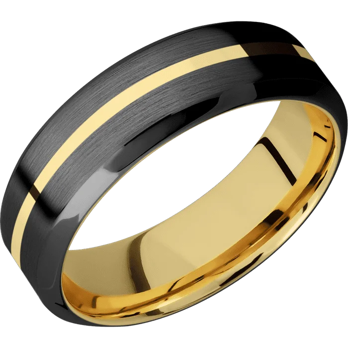 Ladies Rings Boho Spark-7mm wide High Bevel Black Titanium Ring with Satin Finish / One 1mm Centered 14k Yellow Gold Inlay with Polish Finish / 10k Yellow Gold Sleeve