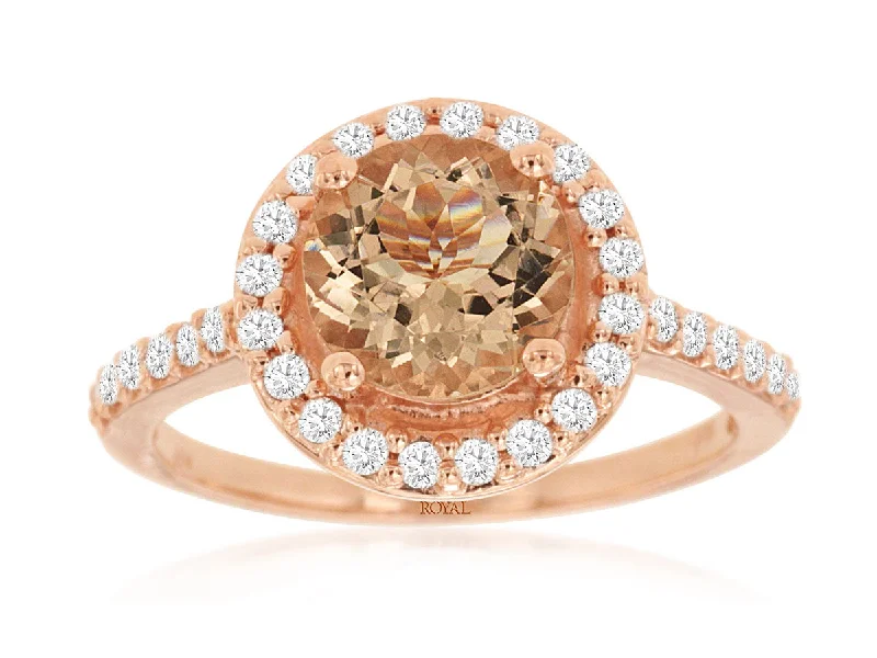 Ladies Rings with Pale Prehnite-14k Rose Gold Round Morganite Halo Diamond Ring