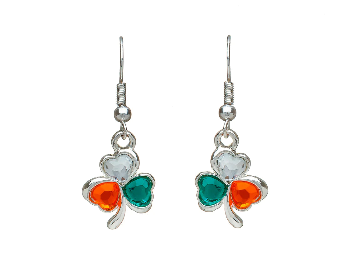 Ladies Earrings for Prom Shine-Shamrock Silver Plated Drop Earrings with Tricolour Glass Stones by Woods Celtic Jewllery