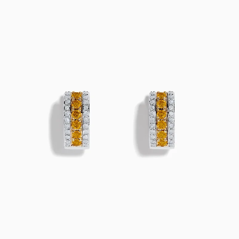 Ladies Earrings with Square Glow-Canare 14K Two Tone Gold Yellow and White Diamond Huggie Earrings