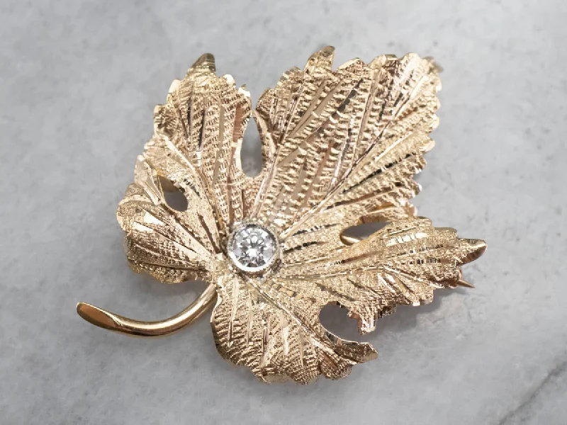 Ladies fine detail brooches -Gold Diamond Grape Leaf Brooch