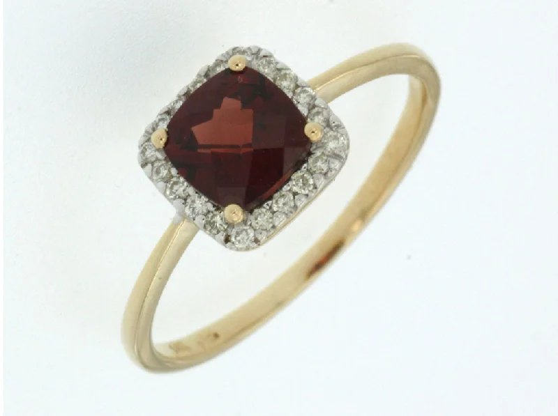 14K Yellow Gold Cushion Cut Garnet and Diamond Halo Ring