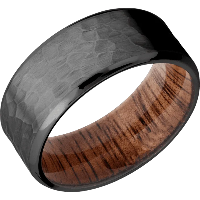 Ladies Rings Luxe Spark-9mm wide Beveled Black Zirconium Ring with Hammer Finish / Koa Sleeve