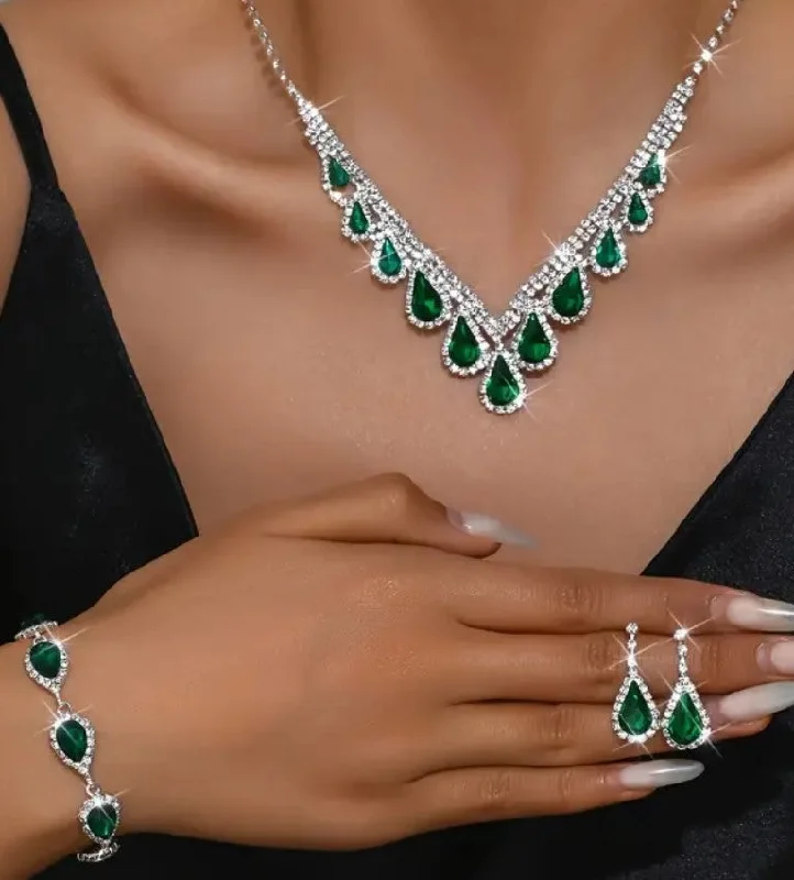 Ladies Earrings Soft Spark-4pcs SILVER Emerald Green Jewelry Set l Rhinestone Earrings l Necklace l Bracelet l Prom l Wedding JS-929