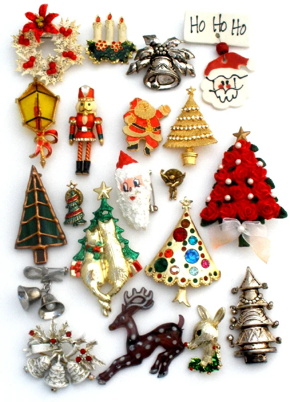 Ladies woodland hue brooches -Christmas Tree & Santa Brooch Pin Lot Vintage