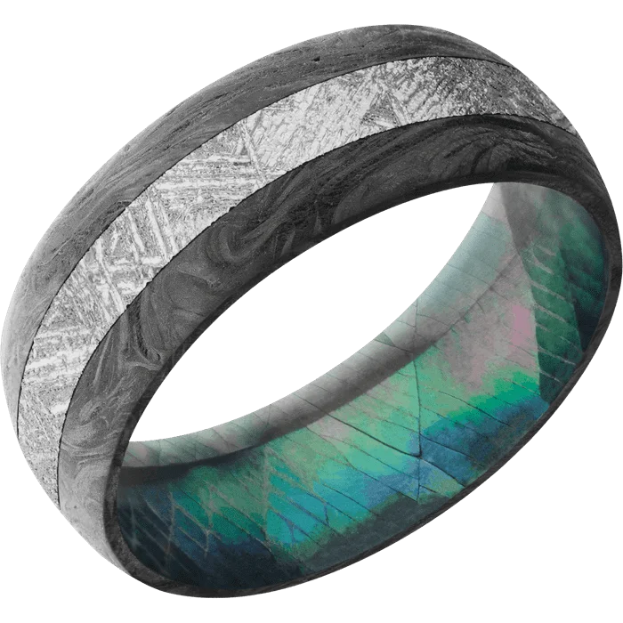 Ladies Rings for Girl Spark-8mm wide Domed Forged Carbon Fiber Ring / One 3mm Centered Meteorite Inlay and Highland Green Cerakote Accents / Black Mother of Pearl Sleeve