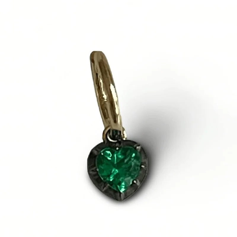 Ladies Earrings for Love Glow-Single 0.7 Ct Heart Shaped Emerald Georgian Victorian Blackened 18K Gold Earring