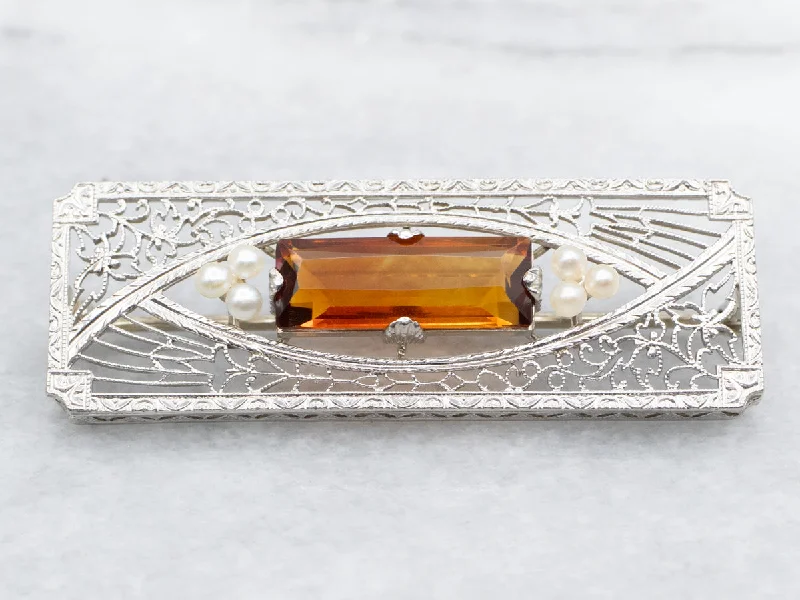 Ladies planet dance brooches -Art Deco Citrine and Seed Pearl Filigree Brooch