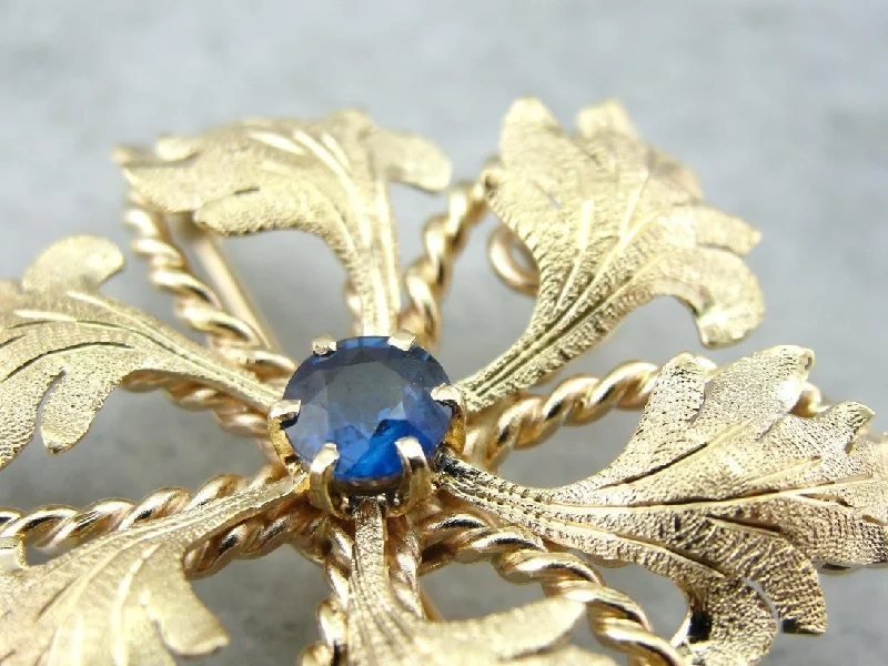 Ladies icy winter brooches -Vintage Floral Brooch or Pendant with Sapphire Center