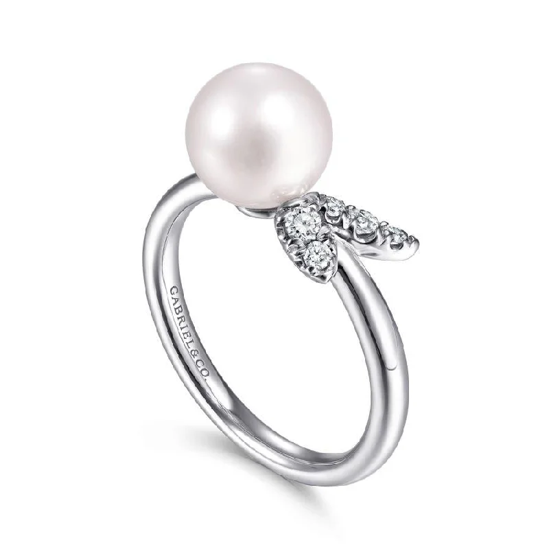 Ladies Rings for Aunt Spark-Gabriel & Co. - LR51805W45PL - 14K White Gold Pearl Ring with Diamond Leaves