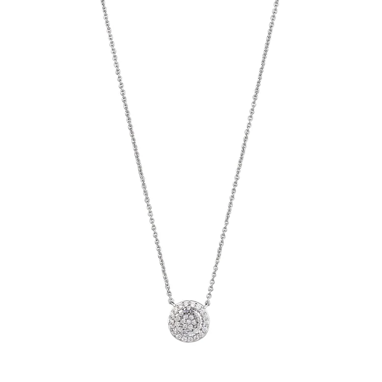 Ladies sleek lariat necklaces -Platinum Finish Sterling Silver Micropave Round Necklace with Simulated Diamonds on 16" to 18" Adjustable Chain