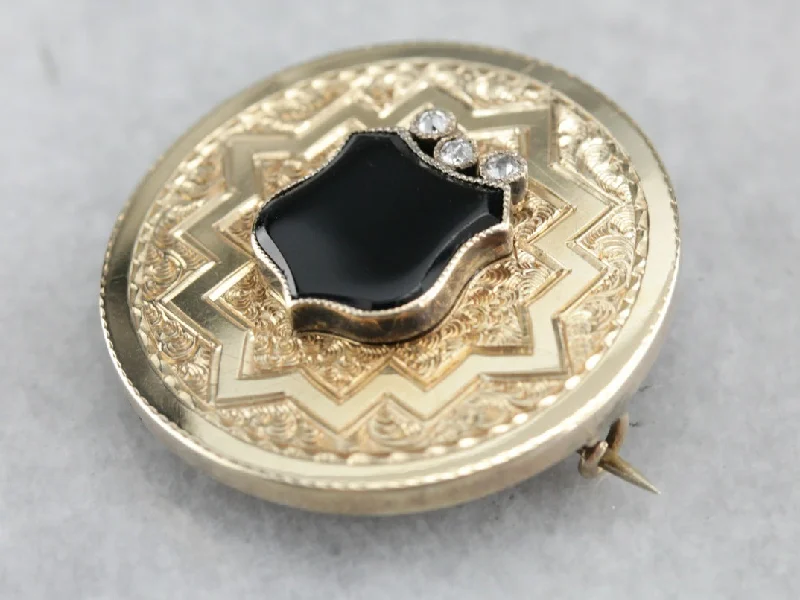 Ladies sleek onyx brooches -Onyx Diamond and Gold Victorian Pendant or Brooch