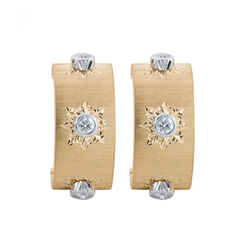 Ladies Earrings with Leaf Glow-18K Gold Engraved Fabric Silk Diamond Huggies or Hoop Earrings