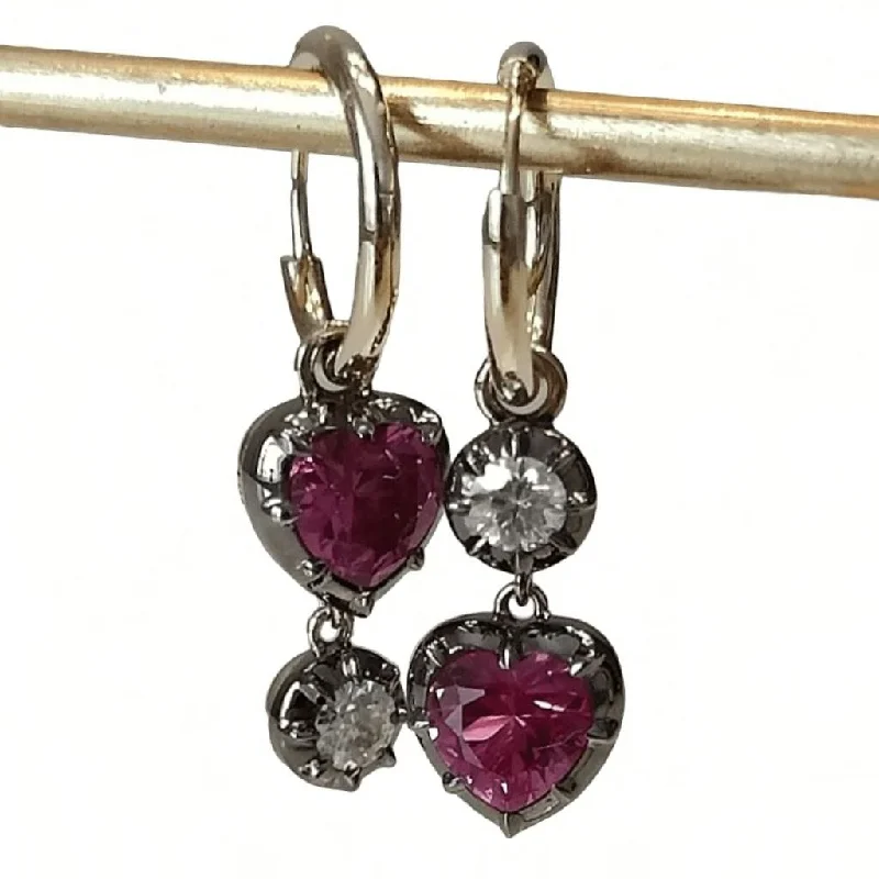 Ladies Earrings with Red Wulfenite-1.8 Ct Heart Shaped Ruby and Round Moissanite Georgian Victorian Blackened 18K Gold Earrings