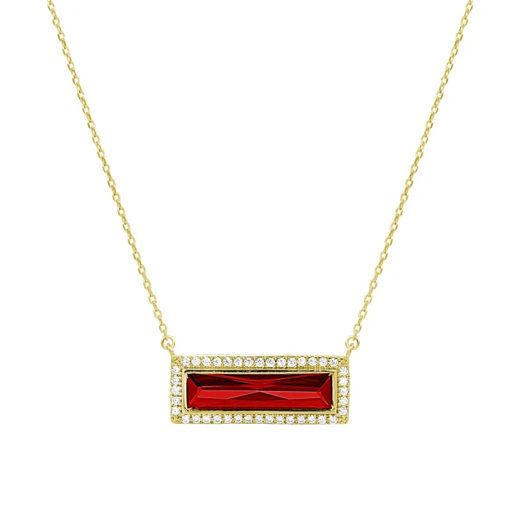 Ladies dreamy spark necklaces -Gold Finish Sterling Silver Necklace with Rectangular Simulated Garnet Stone and Simulated Diamonds on 16" - 18" Chain