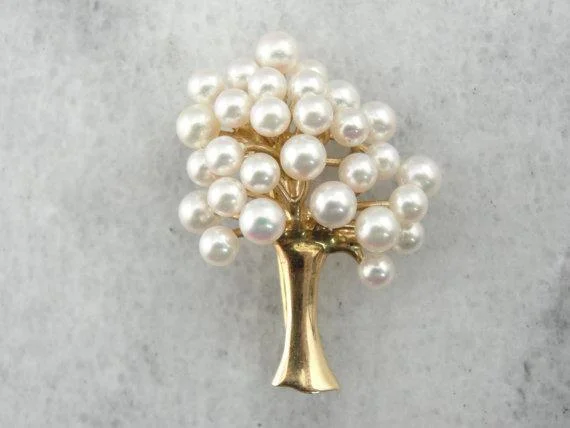 Ladies Valentine’s glow brooches -Pearl and 14K Yellow Gold Tree Brooch