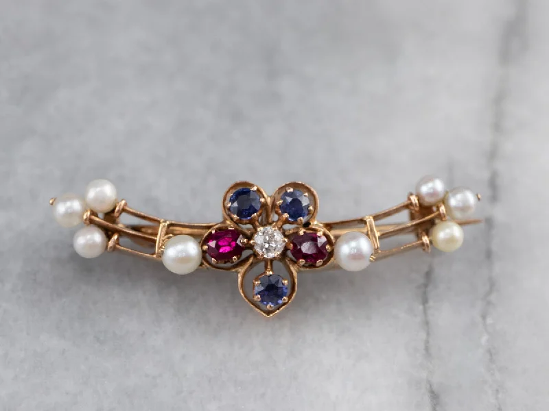 Ladies holy cross brooches -Old Mine Cut Diamond Ruby Sapphire and Pearl Brooch