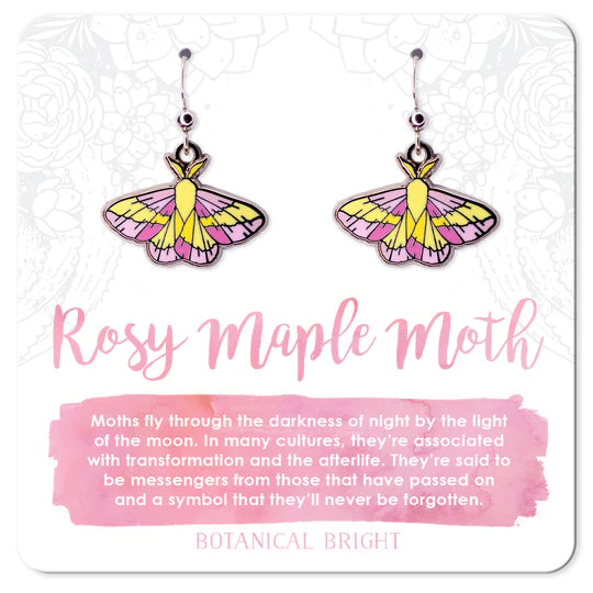 Ladies Earrings with Plum Axinite-Botanical Bright Dangle Earrings - Rosy Maple Moth Silver