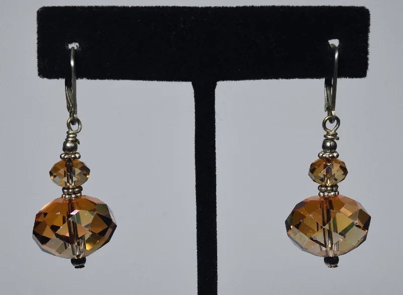 Ladies Earrings with White Leucite-Faceted Iridescent Amber Glass Bead Sterling Silver Earrings