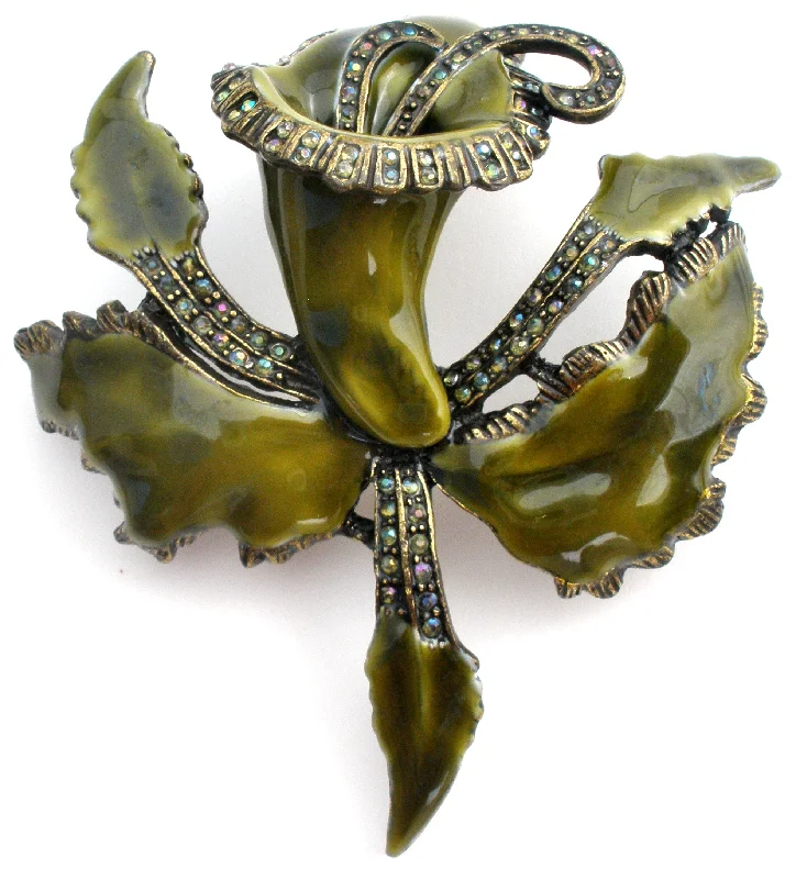 Ladies fanciful gleam brooches -Green Enamel & Rhinestone Orchid Brooch Laila Rowe