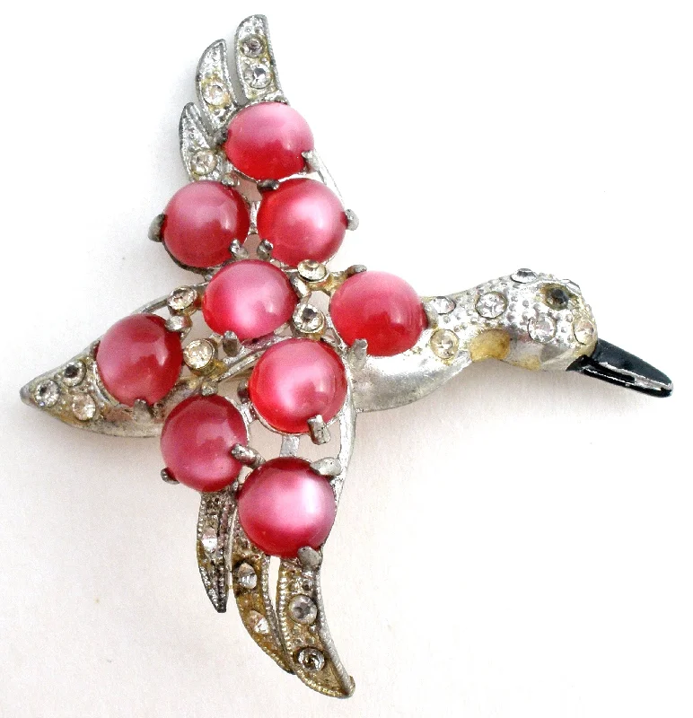 Ladies gala glow brooches -Pink Moonglow Bird Brooch Vintage Pot Metal