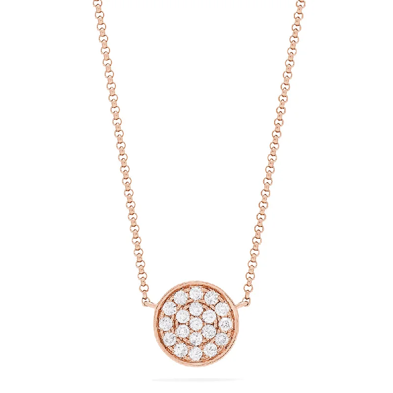 Ladies flowing pendant necklaces -Pave Rose 14K Rose Gold Diamond Disc Necklace, 0.28 TCW