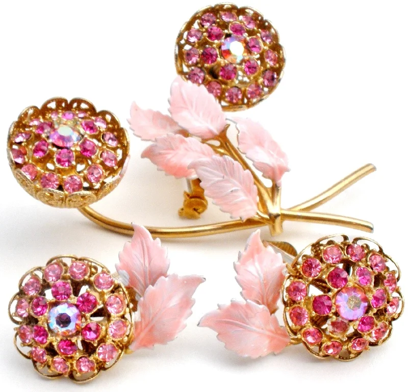 Ladies forest leaf brooches -Pink Flower Rhinestone & Enamel Brooch Set Vintage