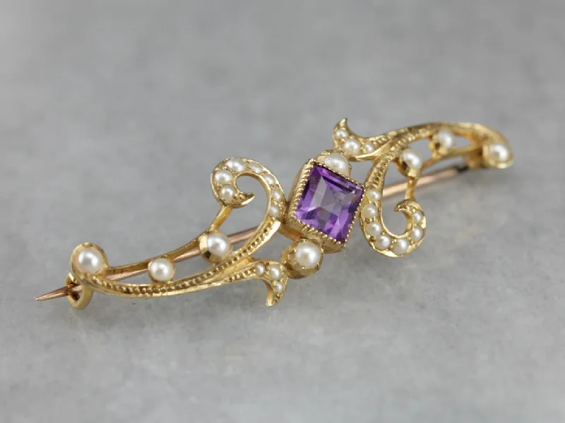 Ladies empowering shine brooches -Art Nouveau Amethyst Seed Pearl Brooch