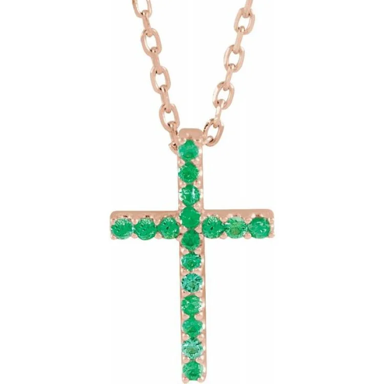 Ladies iridescent pearl necklaces -14K Rose Natural Emerald Petite Cross 16" Necklace