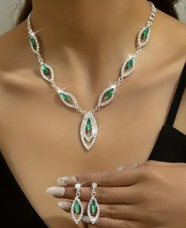 Ladies Earrings Bold Spark-3pcs SILVER Emerald Green Jewelry Set l Rhinestone Earrings l Necklace l Bracelet l Prom l Wedding JS-932