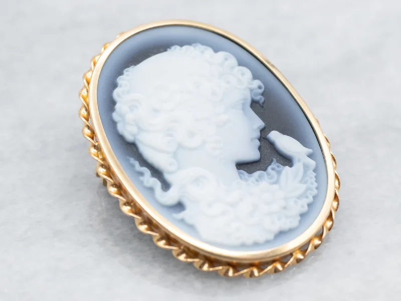 Ladies brilliant crystal brooches -Yellow Gold Onyx Lady and Bird Cameo Brooch or Pendant with Twisted Frame