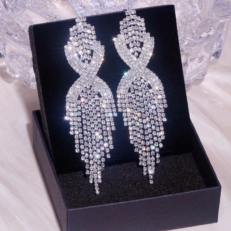 Ladies Earrings with Grey Pollucite-Long Tassel Rhinestone Earrings Crystal Hanging Style JS-015