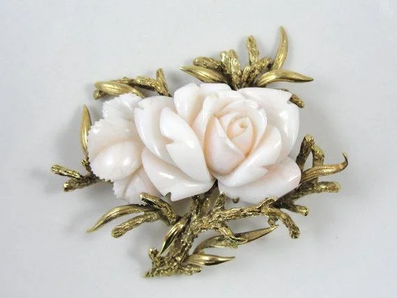 Ladies glowing opal brooches -1900s Carved Angel Skin Coral Rose Brooch