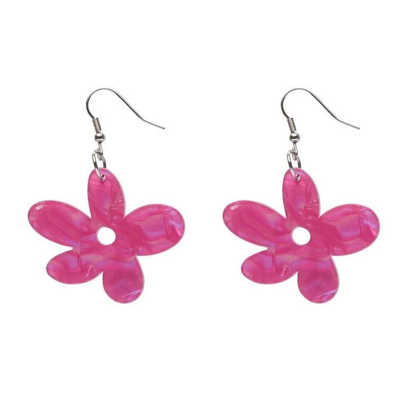 Ladies Earrings with Square Glow-Erstwilder - Flower Textured Resin Drop Earrings - Fuschia