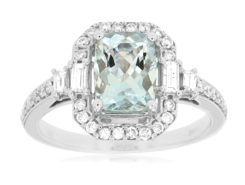 Ladies Rings with Heart Spark-14K White Gold Emerald Cut Aquamarine with Halo Emerald Diamond Ring