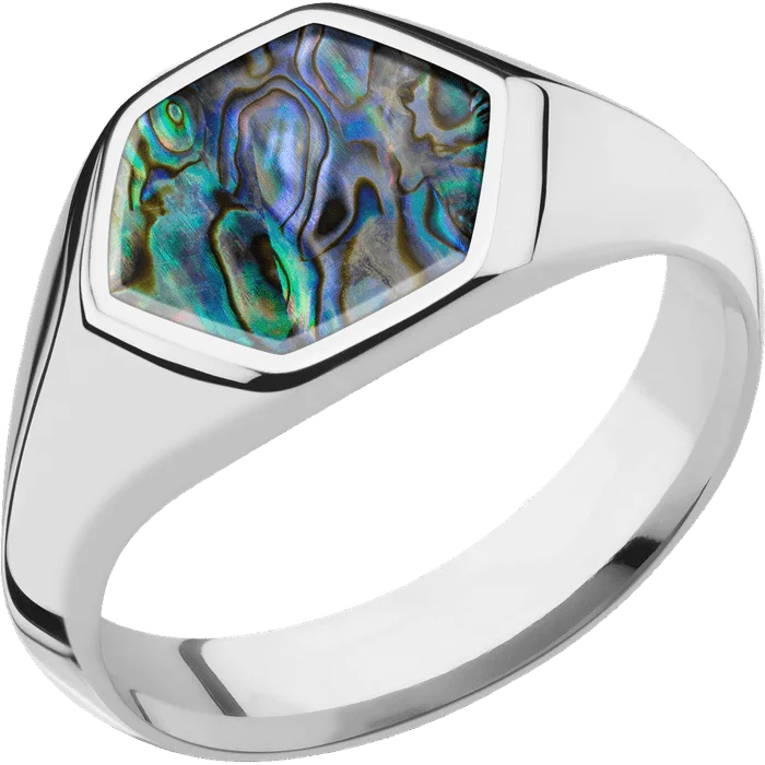 Ladies Rings Twist Glow-Hexagon Titanium Signet Ring / Polish Ring Finish and Polish Signet Finish / Abalone Inlay / Size 6