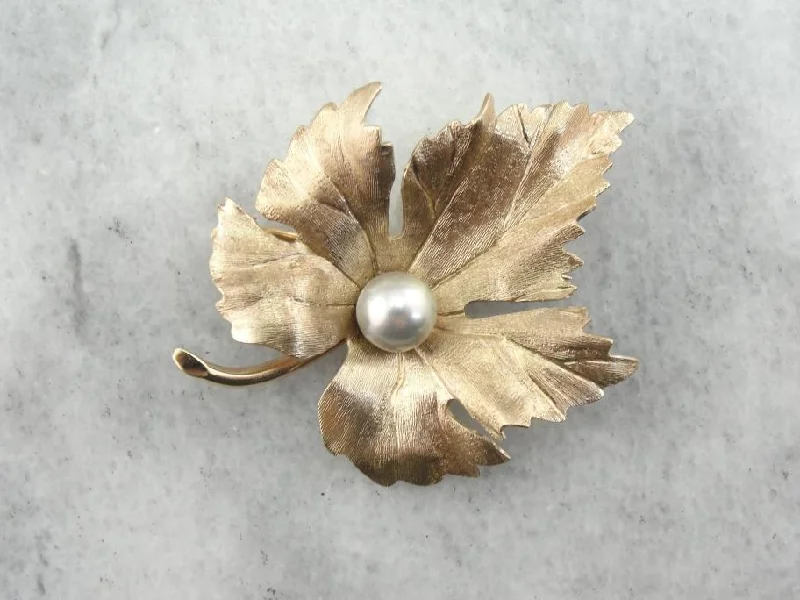 Ladies engraved sentiment brooches -Gold Grape Leaf Brooch with Pearl Center