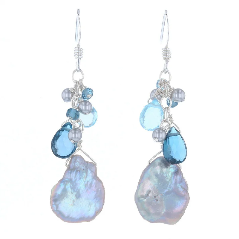 Ladies Earrings with Tree Shine-Briolette Blue Topaz & Keshi Pearl Earrings